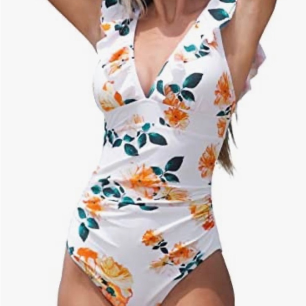 Such a pretty swimsuit. CUPSHE Women's Ruffled One Piece Swimsuit V Neck Lace Up